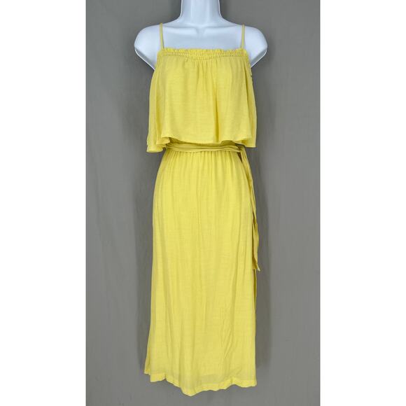 Victoria Sophia Dress Large Yellow Midi Pockets Belted Ruffle Cottage Boho Flowy - Picture 1 of 11